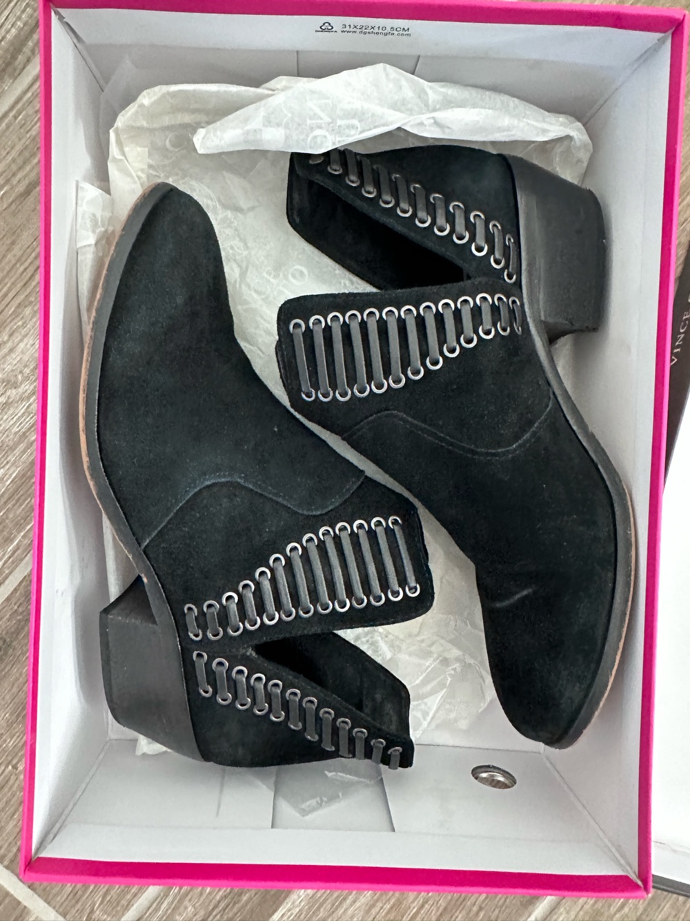 Vince Camuto Black Suede Cutout Ankle Boots with Silver Eyelet Trim